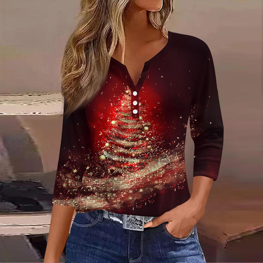 Women's Casual Fashion V-neck Loose Versatile Christmas Print Three-quarter Sleeve Top