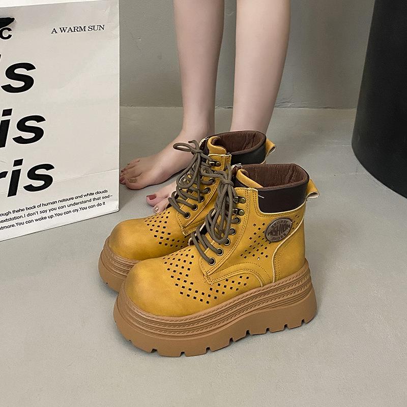 

Martin boots women s summer 2025 hollow breathable retro short boots thick-soled matte soft leather rhubarb boots outdoor hiking shoes 35 жёлтый