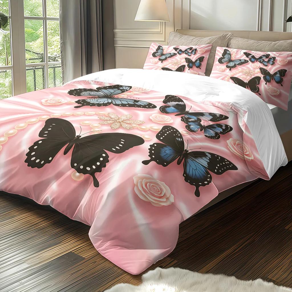 3Pcs Pink Butterfly Pattern Bedding Set, 1*Quilt Cover+2*Pillowcase, Suitable For Girls And Women Bedroom, Birthday Gift