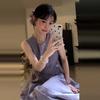 Gray Purple Sleeveless Vest Dress Women's Summer Atmosphere Seaside Vacation French Temperament Super Good-looking Long Skirt