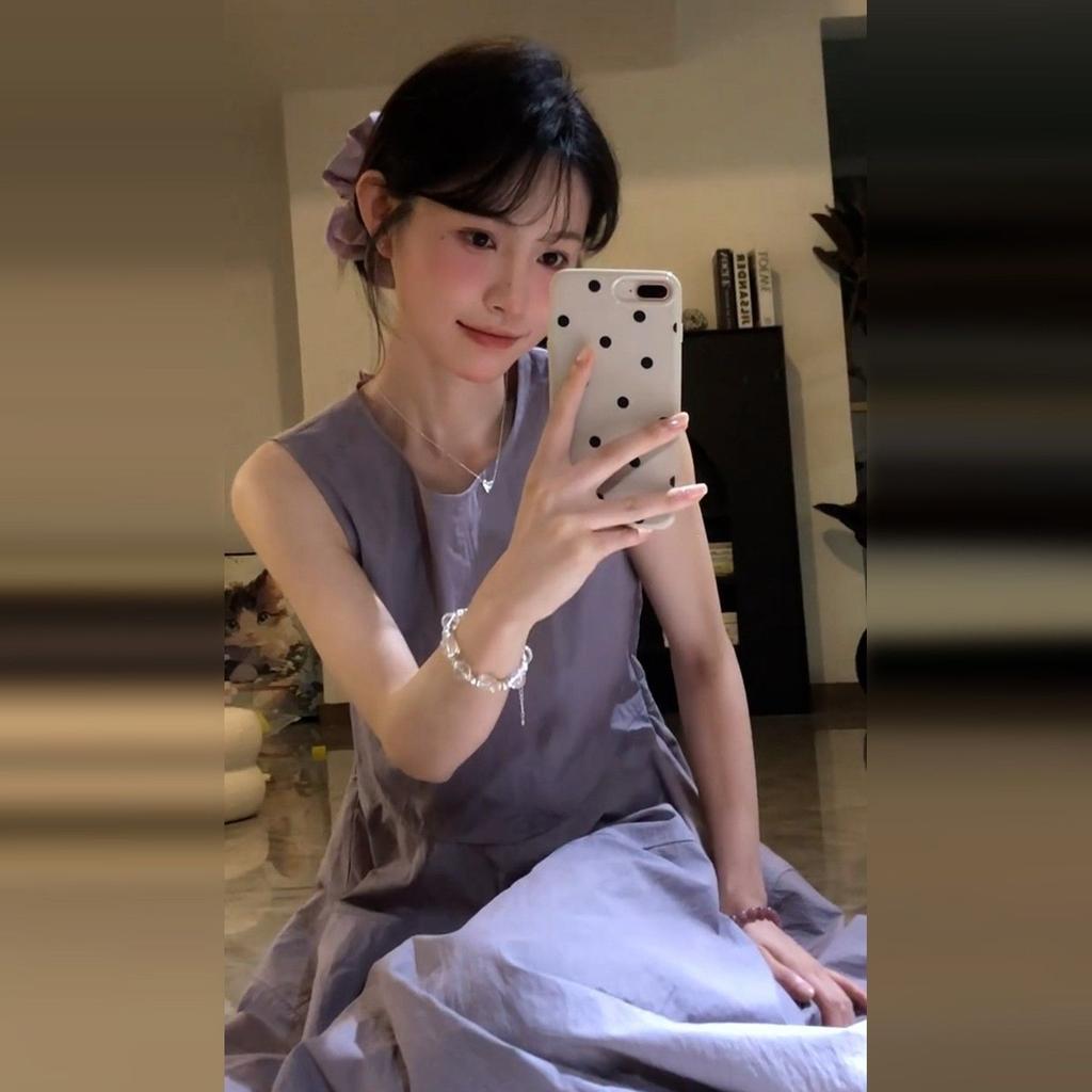Gray Purple Sleeveless Vest Dress Women's Summer Atmosphere Seaside Vacation French Temperament Super Good-looking Long Skirt