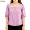 Women Square Collar Solid Color Casual 3/4 Sleeve Blouse
