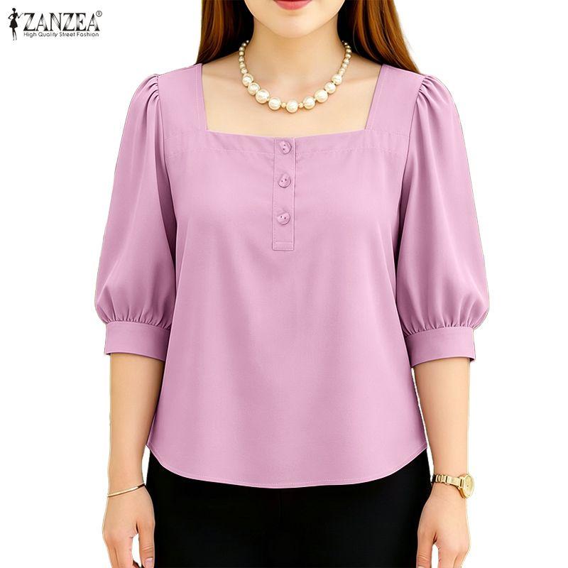 ZANZEA Women Square Collar Solid Color Casual 3/4 Sleeve Blouse