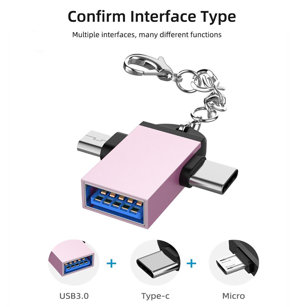 2PCS Aluminium Alloy Shell 2 In 1 OTG Converter USB 3.0 to Micro USB Type C Adapter with Chain for AndroidRose Gold