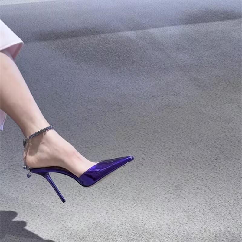 Fashion One-line Chain Rhinestone Baotou Sandals Women's New Pointed Toe Shallow Mouth Stiletto Temperament High Heels