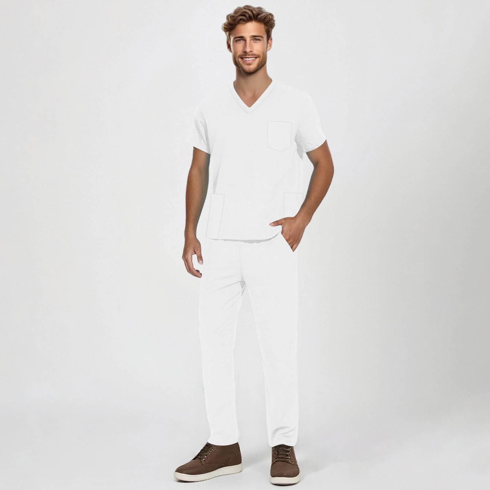 

Мужской рабочий костюм из двух частей с короткими рукавами, V-образным вырезом, однотонным принтом, нагрудным карманом и эластичным поясом XL белый