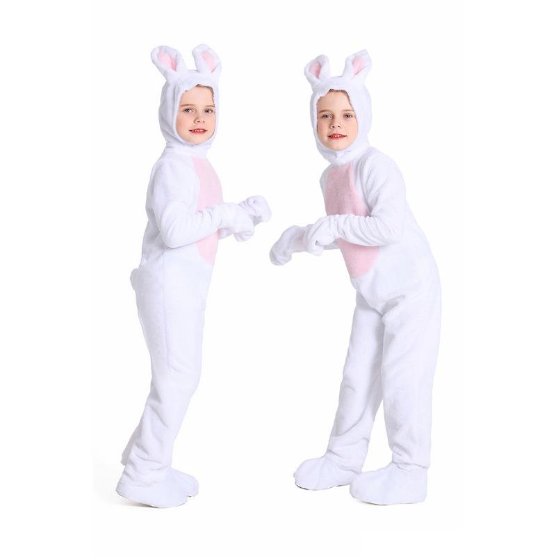 Kids Boys Girls Velvet Rabbit Animal Hooded Jumpsuit Halloween Cosplay Costumes School Stage Drama Show Performance Role Play Outfits