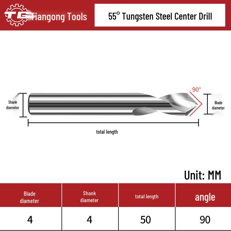 

Центровочное сверло Tiangong 55° из быстрорежущей стали, двухзаходное, 90° центровка, с покрытием, цилиндрический хвостовик для стали и алюминия.