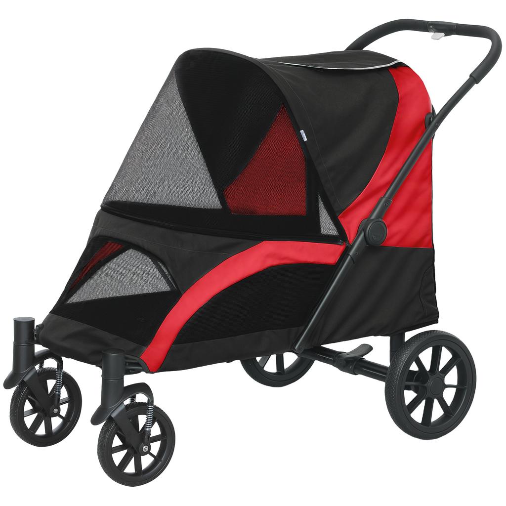 Faltbarer Haustierkinderwagen für mittelgroße Hunde mit vier großen Rädern, stoßdämpfendem Rahmen, Sicherheitsleinen, Bremsen, Rot/Schwarz