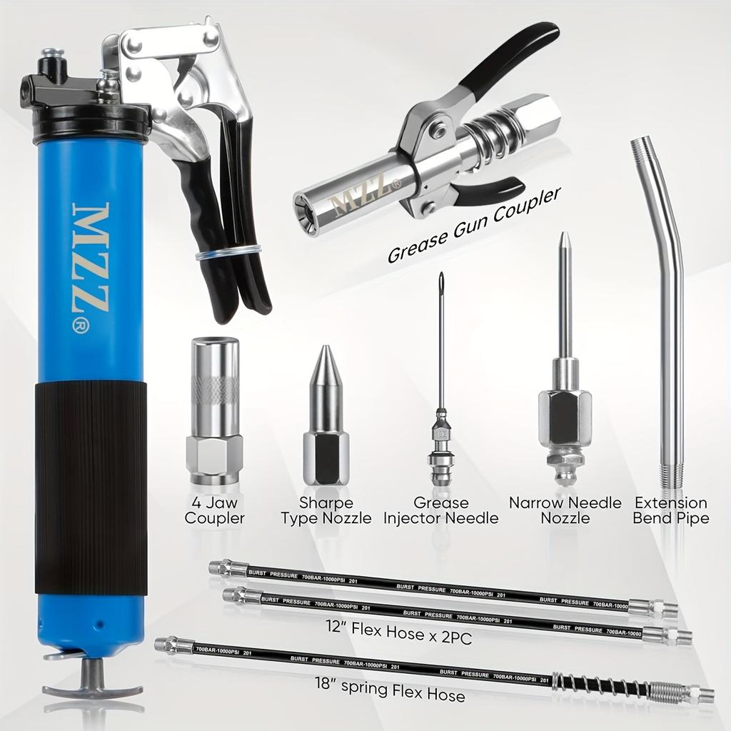 Grease Gun, 7000 PSI Heavy Duty Professional Pistol Grip Grease Gun Kit with Double Grease Injector Needle and Flex Hose