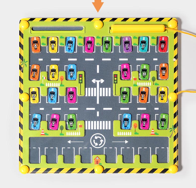 Kids' Wooden Train Garage Magnetic Maze Bead Game - Pen Control & Counting Board Educational Toy