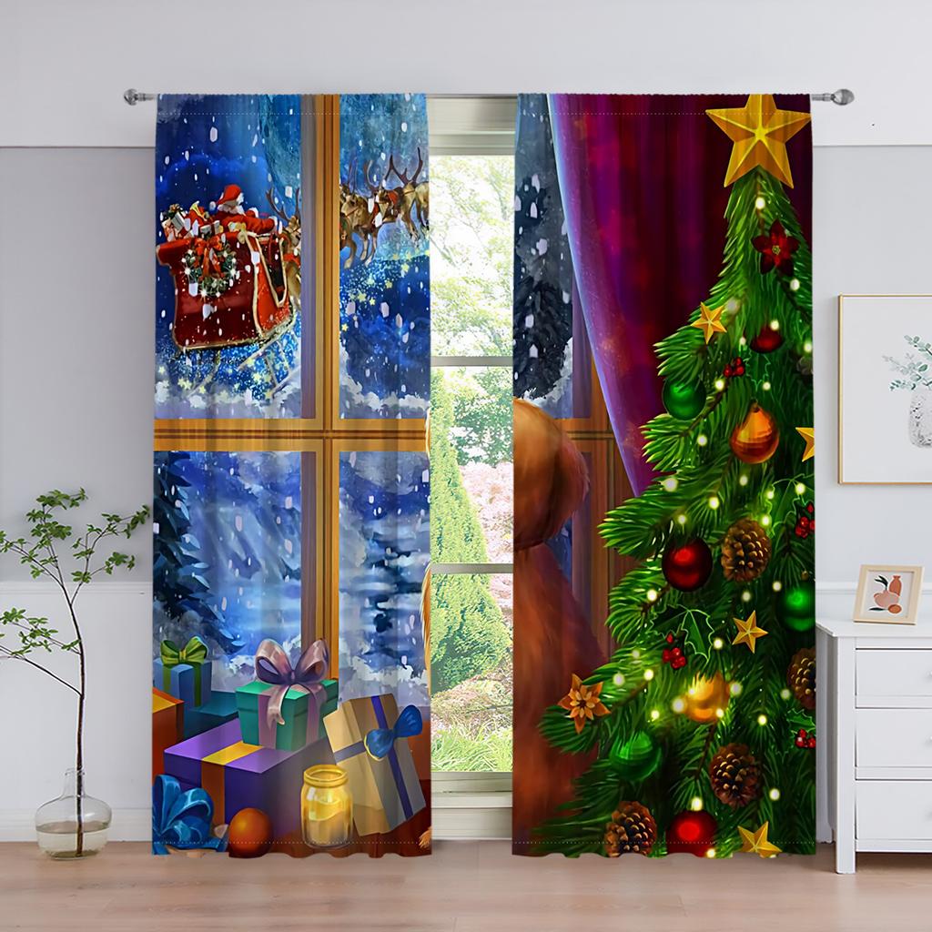 Cartoon Santa Claus Christmas Tree Red Green Window Curtains For Kids Bedroom Living Room Bathroom Kicthen Door Hall Home Decor