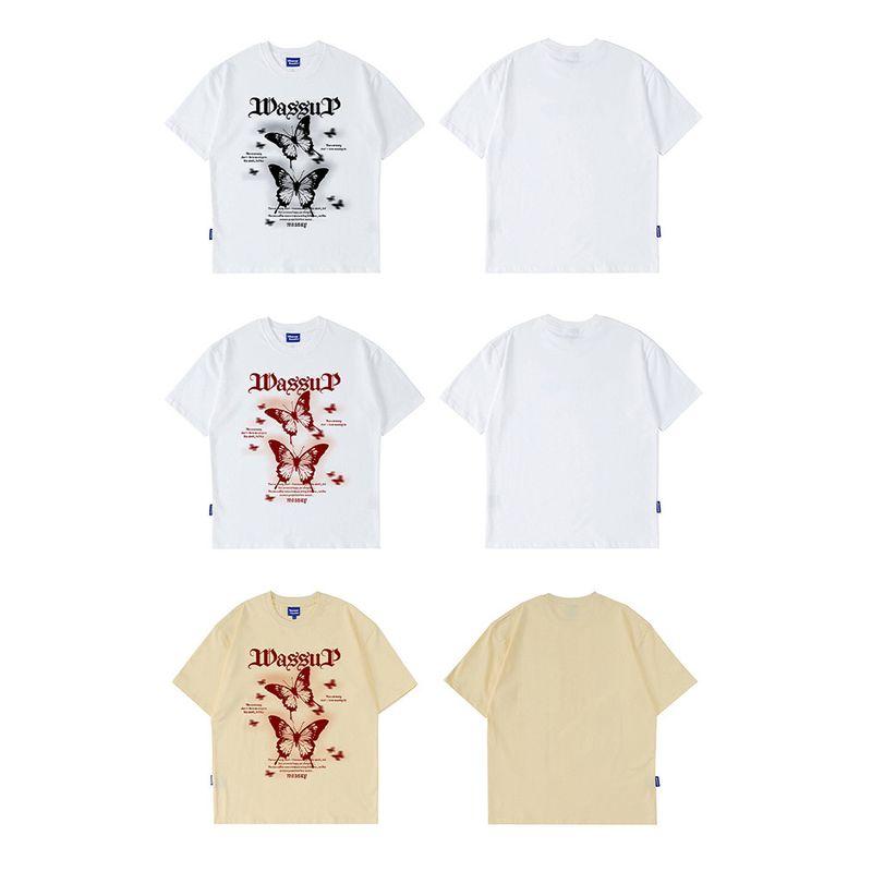 Wassup Heods Trendy Gothic Letter Butterfly Short-Sleeved T-Shirt for Men and Women, Summer Loose Heavyweight Cotton Top