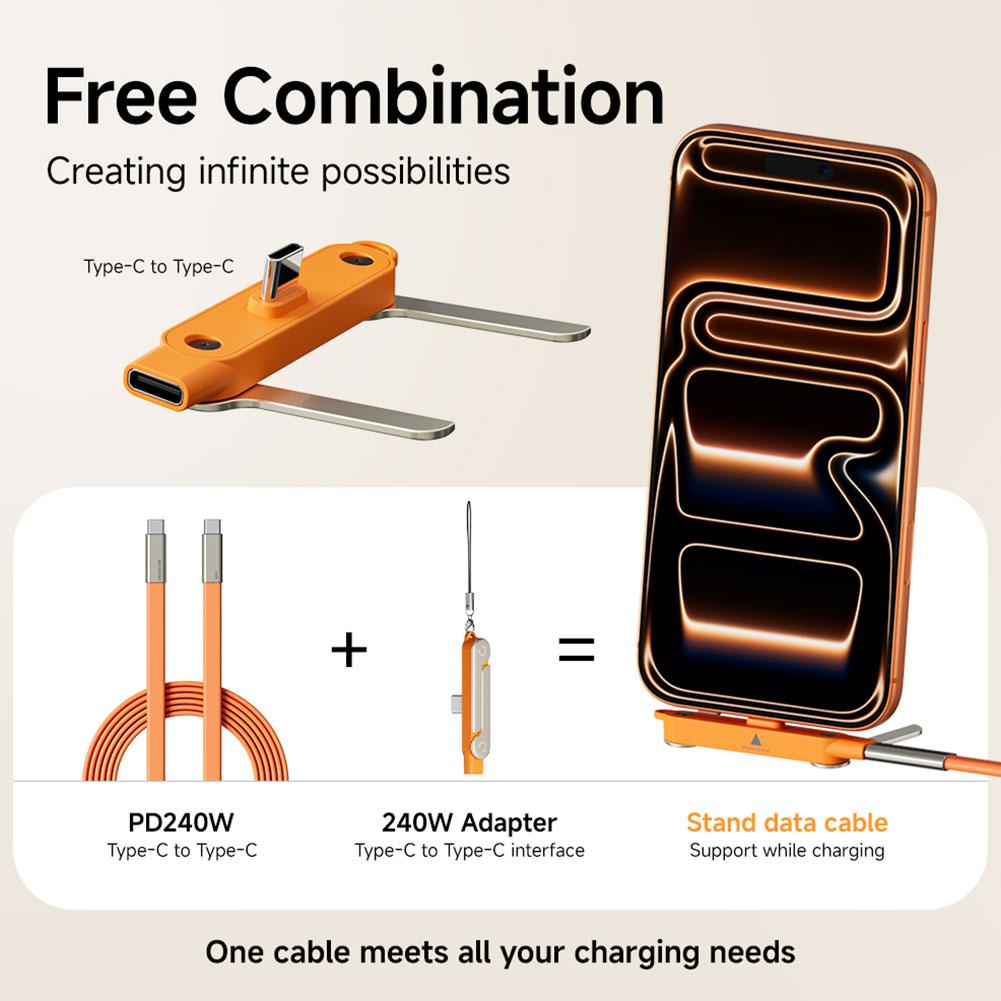 Detachable Charging Cable with Built-In Phone Stand 240W Super Fast Charging Type C To C 1.5M Data Cable For iPhone/Huawei
