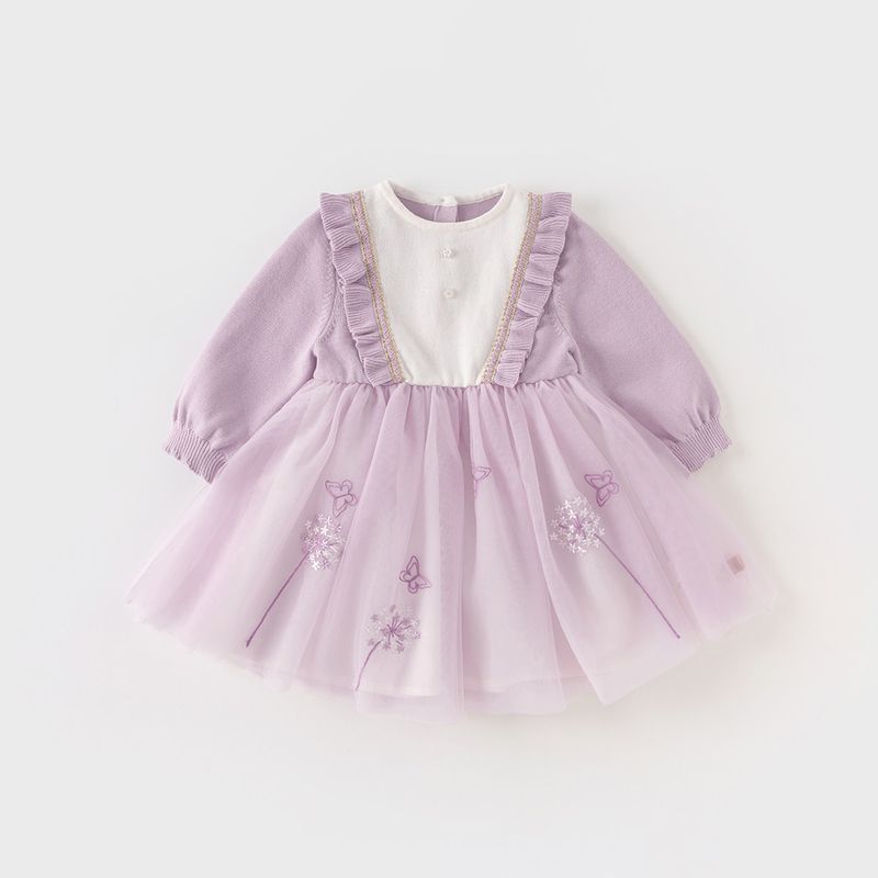 David Bella Kidsren s Knitted Dress Spring Dress for Girls Fashionable Princess Dress New Style Baby Girl Dress Kidsren s Clothing Light Purple [Ready Stock] 140