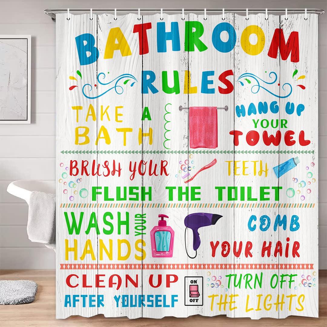

Vikama Bathroom Rules Funny Slogan Shower Curtain, Colorful Cartoon Print Waterproof Family Bathroom Partition Curtain W60H190(CM)-1 Pcs