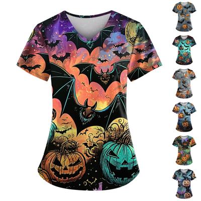 Damen V-Ausschnitt Modisches lässiges Oberteil mit Halloween-Print