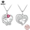 BISAER 925 Silver Mother & Child Pendant Necklaces Heart Charm Adjustable Chain For Women Mother's Day Birthday Jewelry