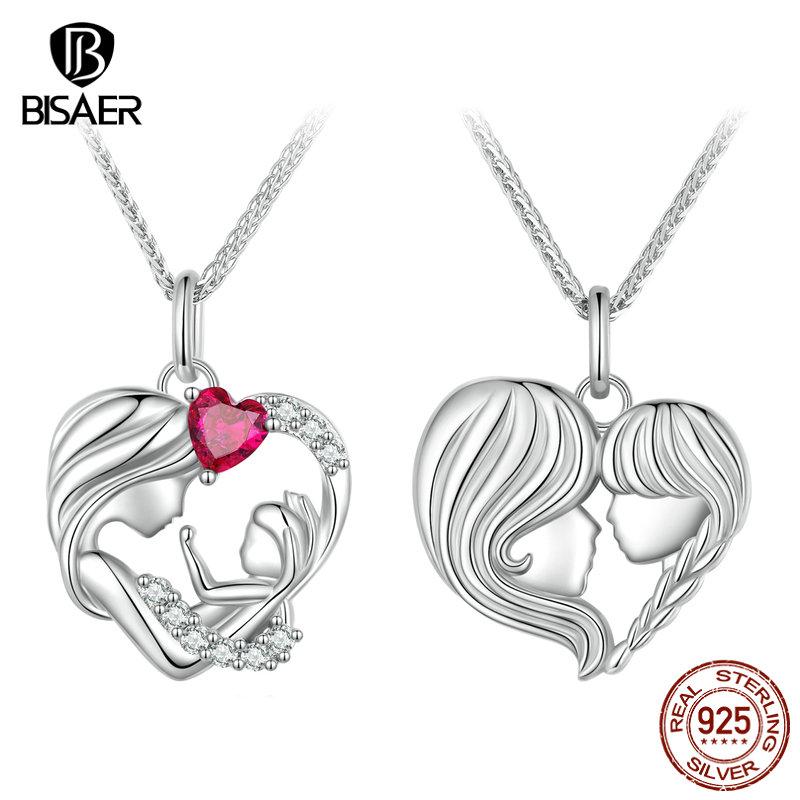 BISAER 925 Silver Mother & Child Pendant Necklaces Heart Charm Adjustable Chain For Women Mother's Day Birthday Jewelry