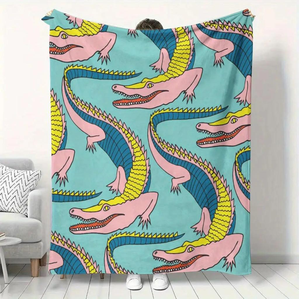 1pc Ultra-Soft Crocodile Scale Flannel Blanket - Turquoise Blue with Pink & Golden Crocodiles Thick All-Season Bedspread