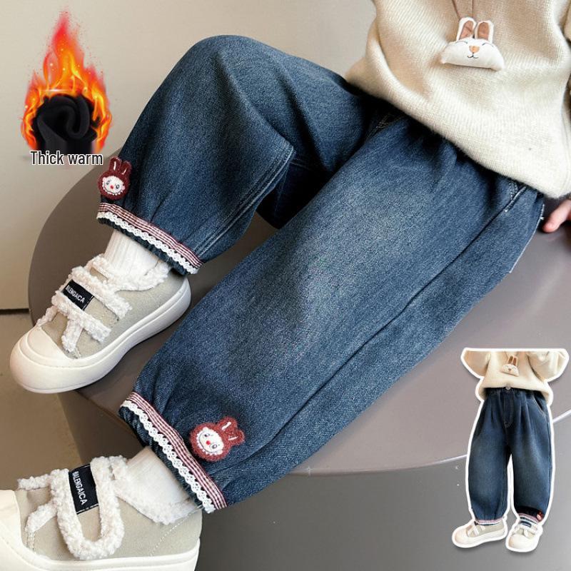 Girls  2025 Winter Velvet-Lined Korean-Style Jeans: Warm, Stylish, and Thickened Trousers for Baby Girls. 100 cm
