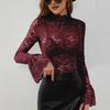 Sexy Paisley Lace Slim Flattering Outerwear Innerwear Bell Sleeve Top Women Fashion Daily Basic Office Lady Casual Slim Fit Ladies Elegant Top