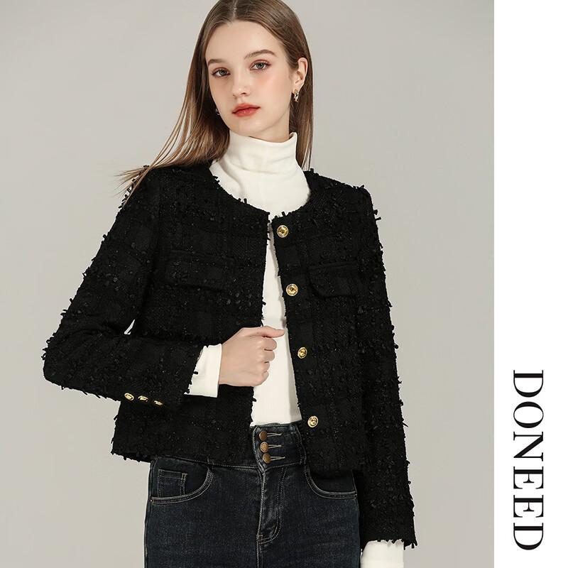 DONEED Women's Chic Tweed Plaid Cropped Jacket