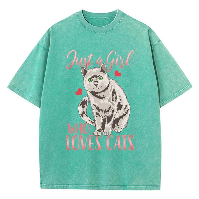 Just A Girl Who Loves Cats Print Women Distress Tshirts Summer Washed T-Shirt Breathable Tee Shirts Soft Cute Clothes