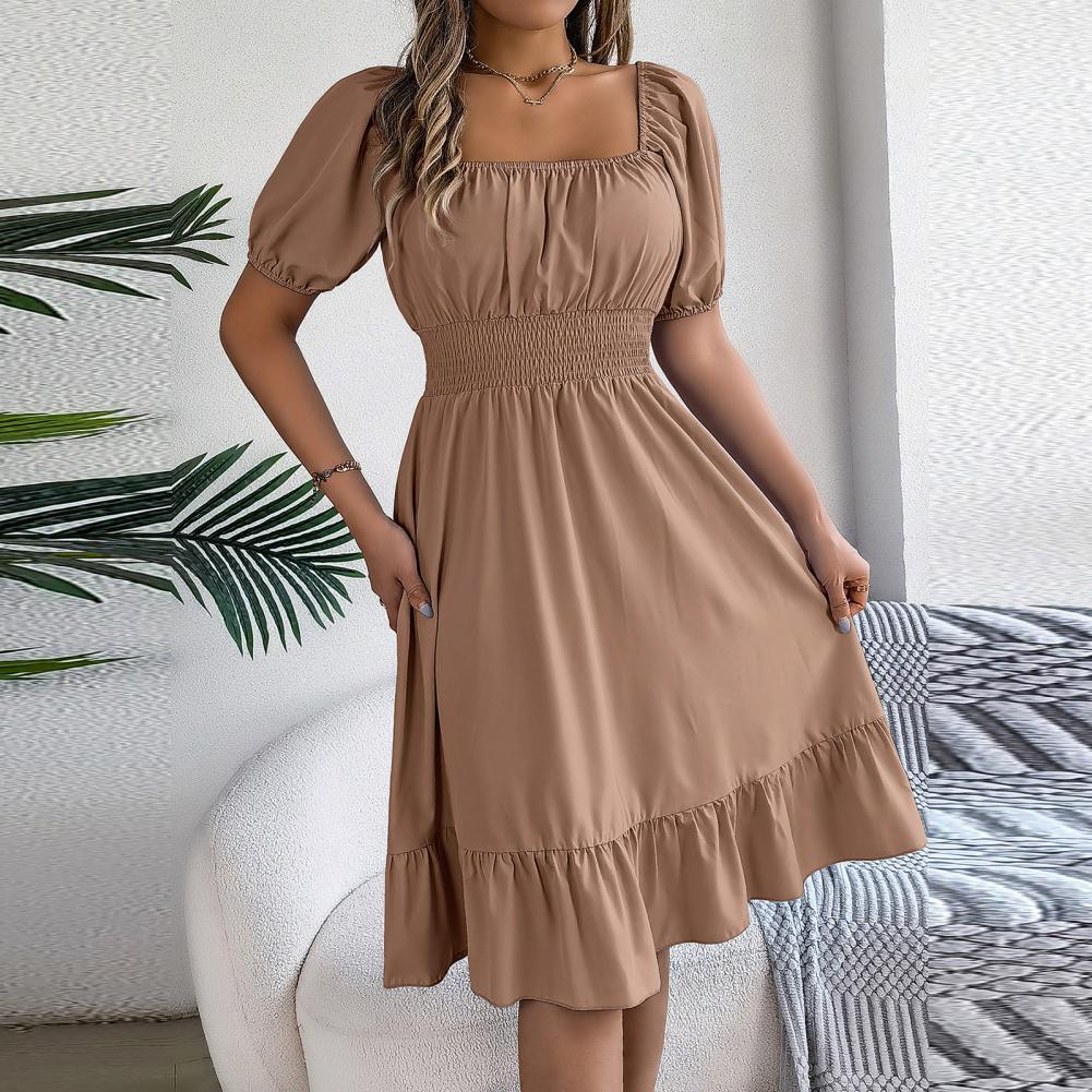 Dámské šaty do áčka Elegantní midi šaty s hranatým výstřihem do A s volánkem Patchwork detail pro ženy vysoký pas plisovaný na rande