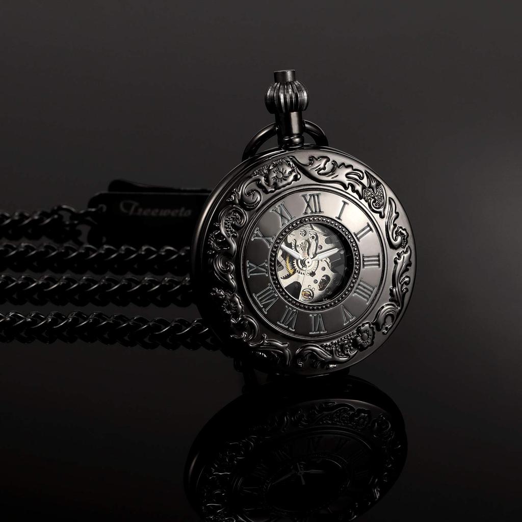 TREEWETO Klassische Mechanische Taschenuhr mit Römischen Ziffern und Anhänger, Schwarze Kette,