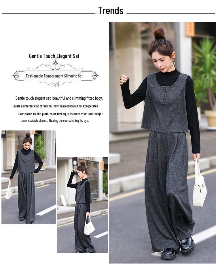 2026 Spring Women's Trendy Three-Piece Set: Stylish Top, Vest & Wide-Leg Pants