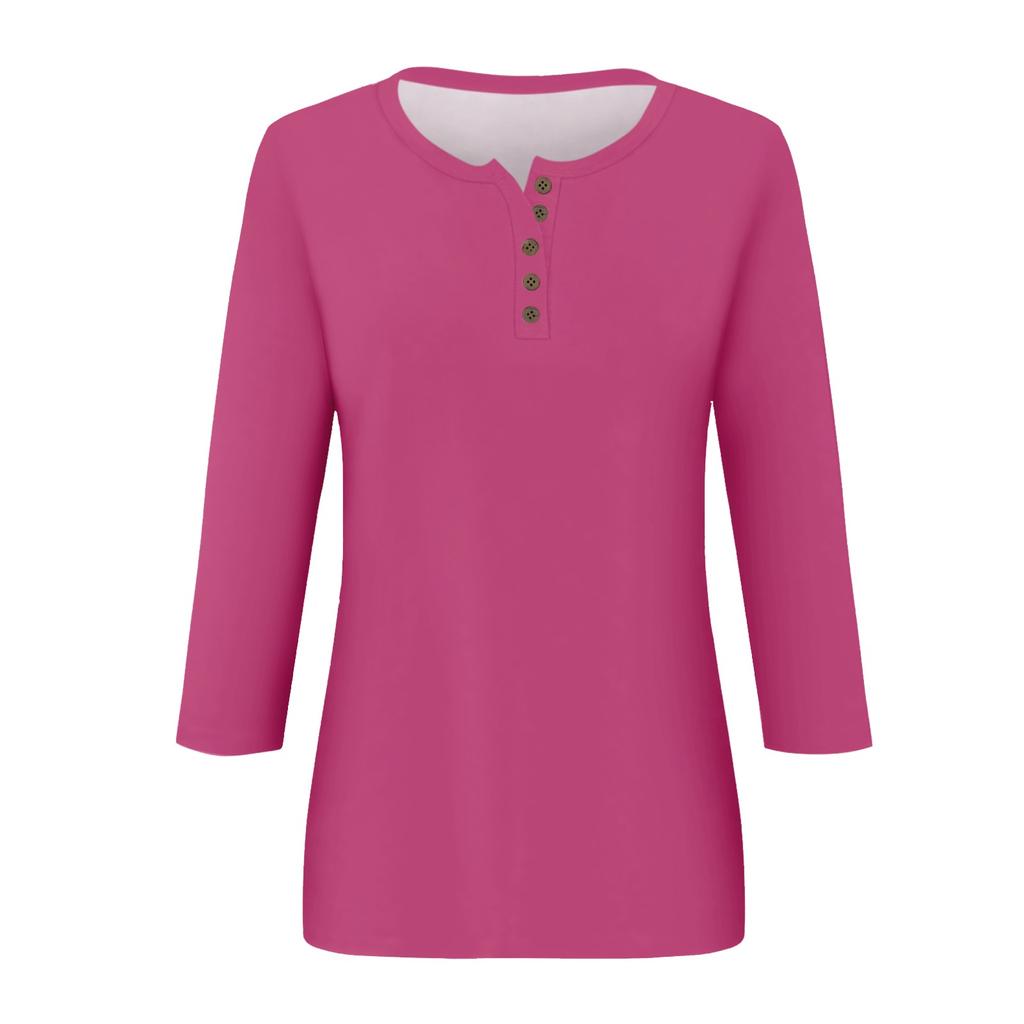 Top da donna casual a bottoni, girocollo, manica a tre quarti, tinta unita, tessuto leggero e morbido, vestibilità comoda