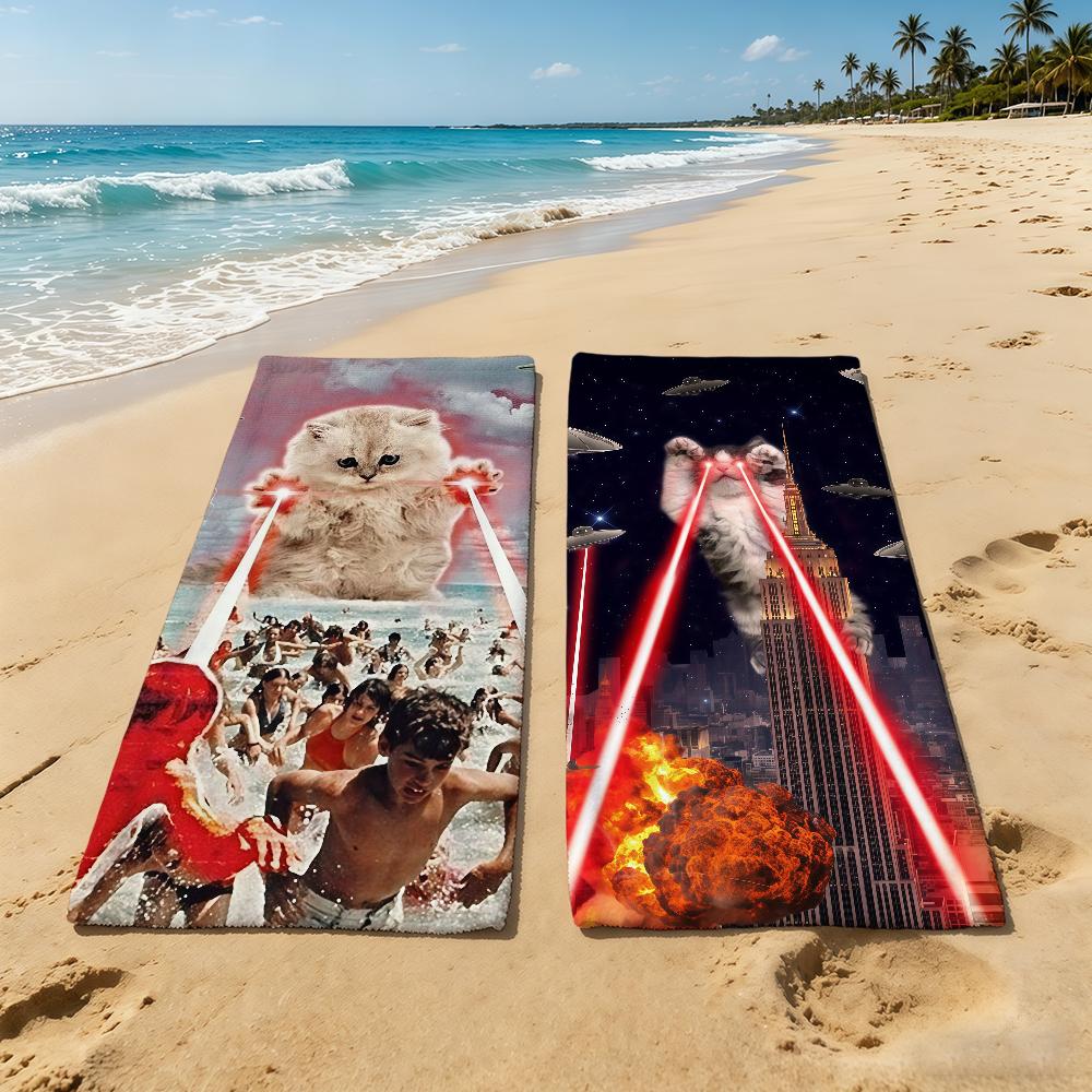 Laser Eyes Funny Cat Towel For Outdoor Camping Beach Towel Super Absorbent Quick-Drying Summer Towel