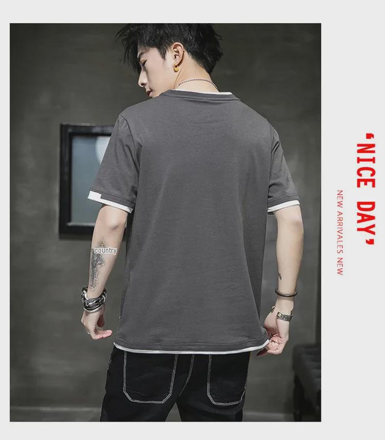 Men's Short-Sleeve Two-Piece Look Cotton T-Shirt, Loose & Breathable Hong Kong Style, Comfortable Spring/Summer Casual Innerwear Trend