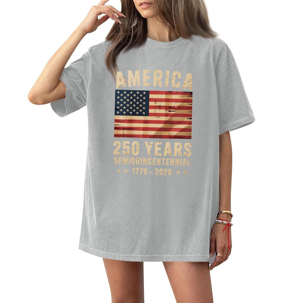 Women's Casual Fashion Round Neck Casual American Flag Print Short Sleeve T-Shirt Top