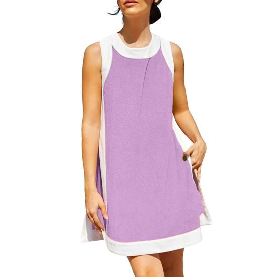 Two Piece Set for Women Summer Boho Color Block Outfits Sleeveless Crewneck Side Slit Mini Dress Casual Lounge Short Sets