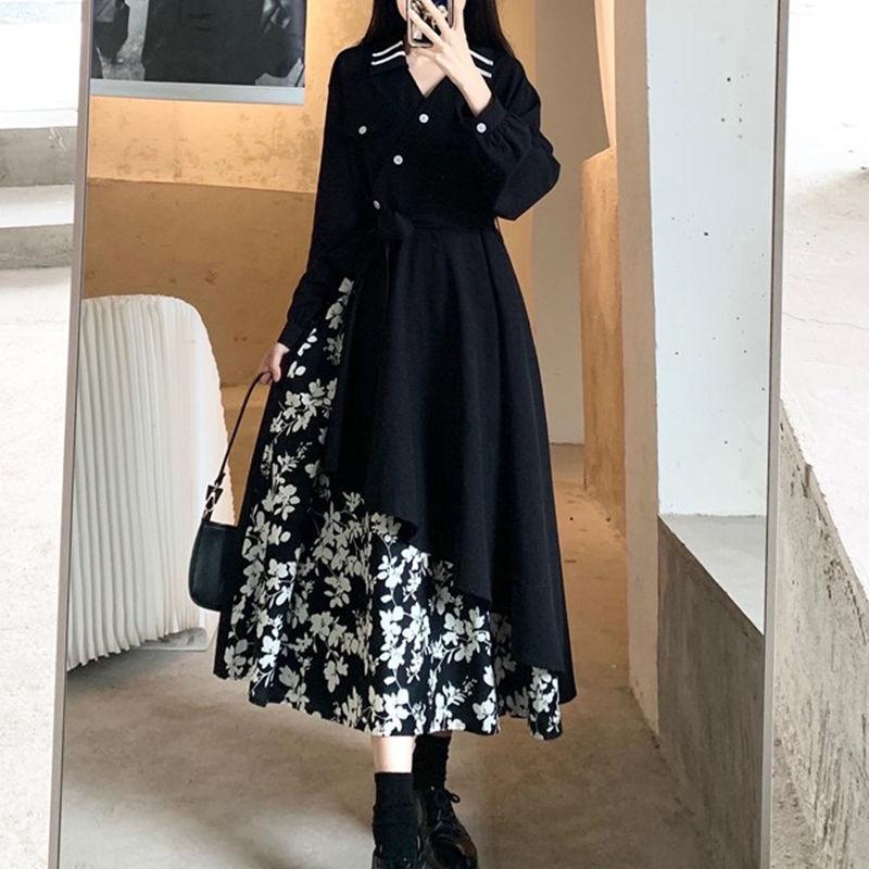 Retro design knee-length skirt large size waist splicing floral pendulum irregular dress