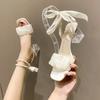 Chaussures de mariage à bout carré, style féerique, en dentelle, perles, talons hauts transparents, élégantes, sandales d'été à talons hauts pour femmes