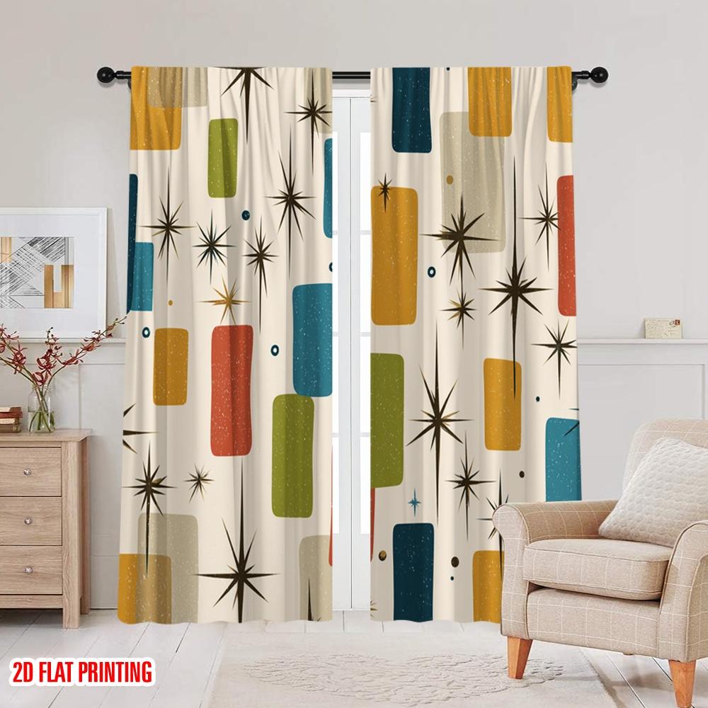 2pcs,2D Plane Printing Light Filtering Curtains Retro Squares Durable Polyester (without Rod) Room Decor Ldeal for Living Room,