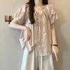 Women Floral Applique Blouse Round Neck Tie Front Short Sleeve Casual Loose Fit Button Down Shirt