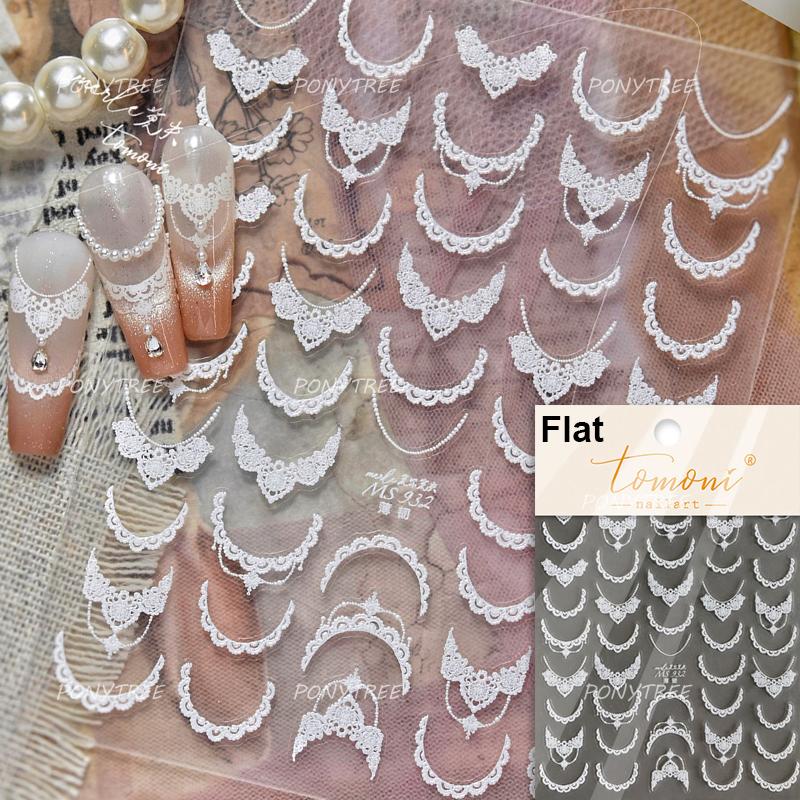 Delicate White Lace Bowknot Simulated Fabric Ribbon Silver Stamped Noble Rhinestone 5D Adhesive Nail Art Sticker Manicure Decal