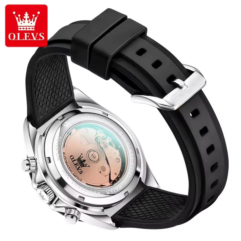 OLEVS 6713 New Automatic Mechanical Men's Watch Silicone Band Luminous Calendar Week Hollow Out 30M Waterproof Business Watches