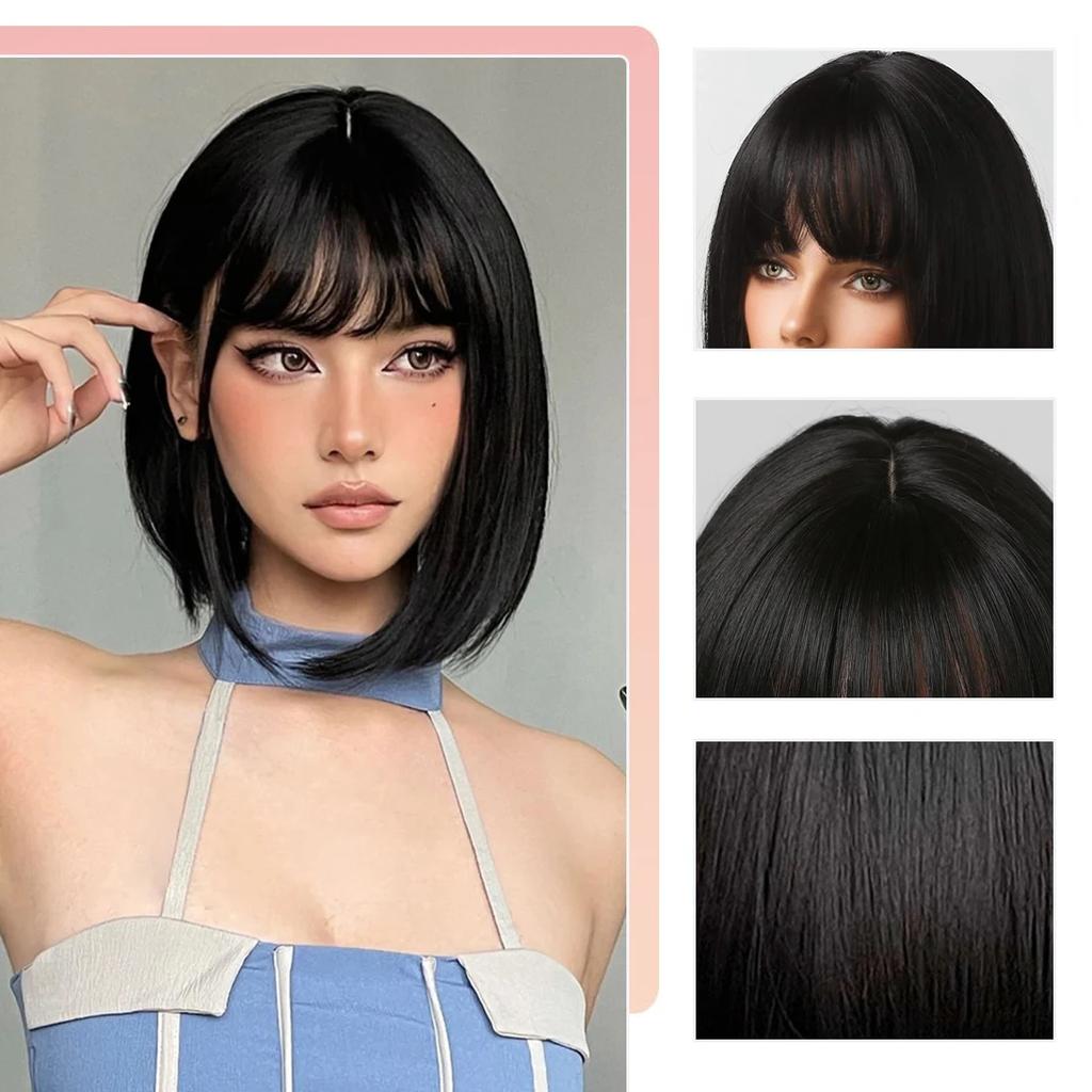 Bob Black Synthetic Wigs Straight Cosplay Short Daily Natural Looking Hair Wig with Bangs Heat Resistant Fiber for Women Afro