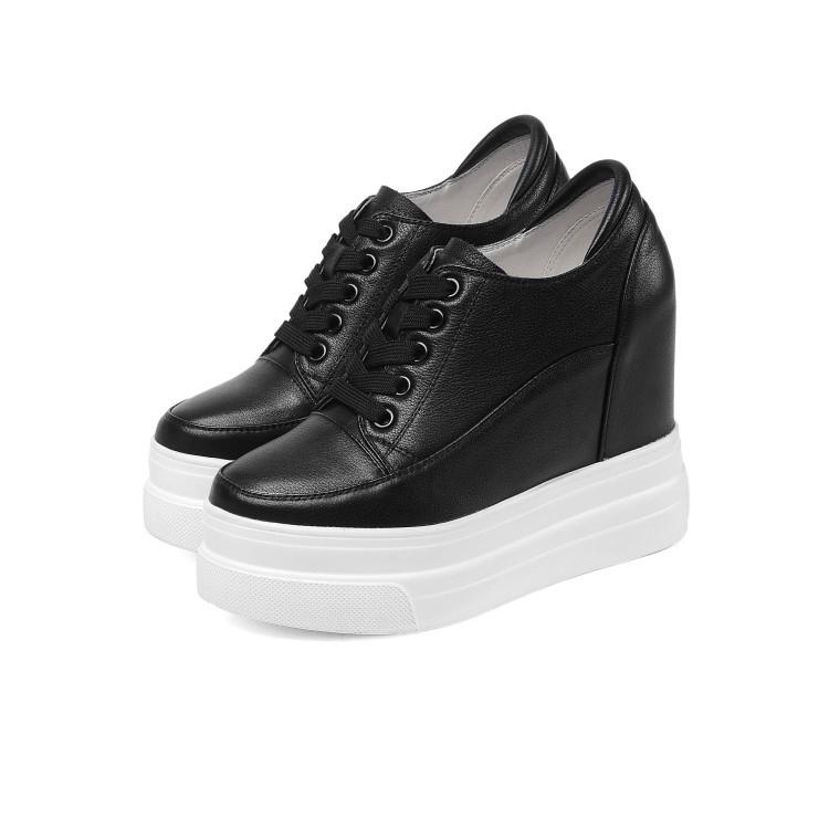 

Белые туфли с увеличением внутренней высоты на 12 см из натуральной кожи 2025 новая водонепроницаемая таблица супер высокий каблук одинарные туфли весна и осень толстая подошва повседневная кожа 34 чёрный