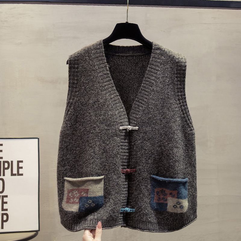 Chinese Style Outer Wear V-Neck Cardigan Knit Vest Women's Autumn Winter Sleeveless Sweater Cardigan