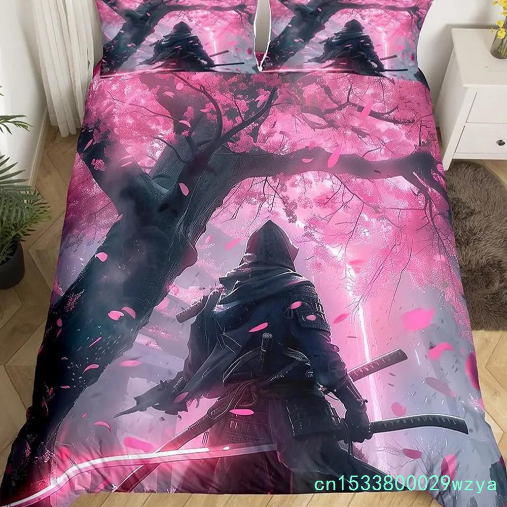Japanese Samurai Bedding Set Full Size Cherry Blossoms Comforter Cover Red Sun Hokusai Duvet Cover Fuji Mountain Quilt Cover