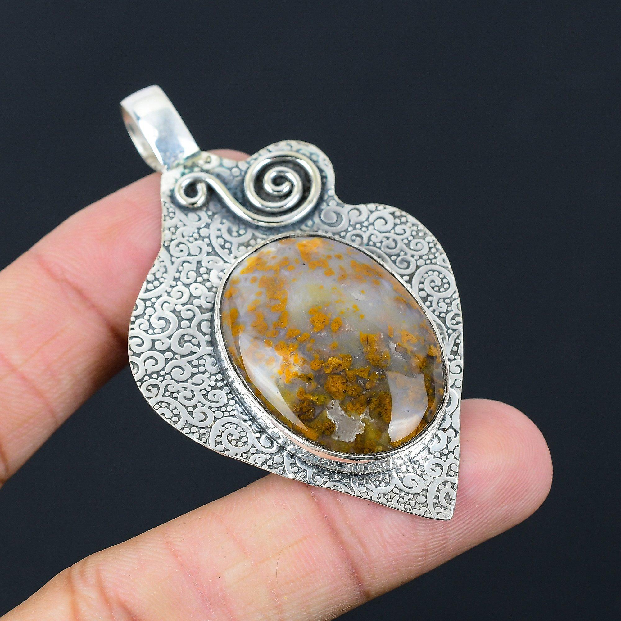 Daughters Day Deal Sterling Silver Natural Plume Agate Ethnic Pendant Jewelry
