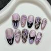 10 pièces Œil de Chat Violet Faux Ongles Faits Main Embouts Paillettes Milieu Longueur Ovale Press-on Ongles Art Nœud Strass Design Ensembles de Faux Ongles