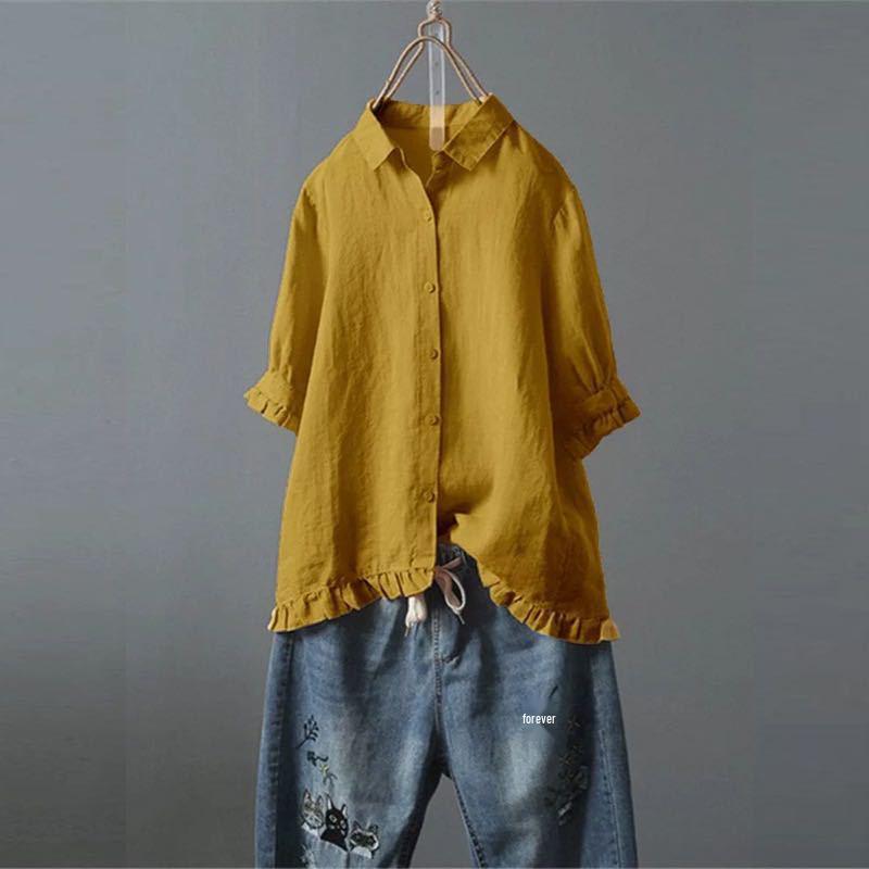2025wish Cotton Linen Casual Ruffle Short Sleeve Women's Shirt