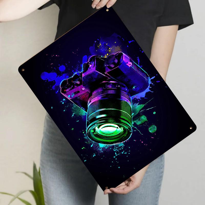 

Neon Retro Camera Metal Wall Art Modern Home Decor Living Room Bedroom Art Hanging Photography Theme Decoration 20x30cm（7.8x11.8inch）